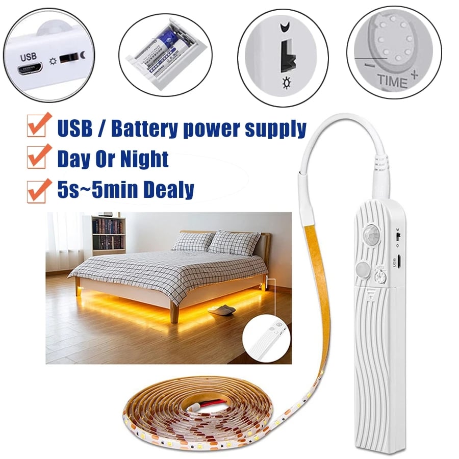 PIR Motion Sensor LED Bed Closet Night Light 1MDimmable Flexiable LED Strip Lamp AAA Battery Power for Wardrobe Stair