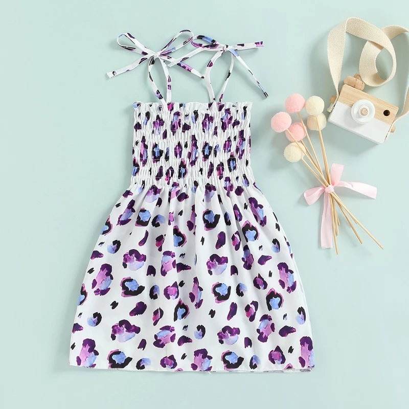 FOCUSNORM 1-6Y Summer Kids Girls Holiday Dress 5 Style Strap Sleeveless Lace Up High Waist Printing A-Line Sundress
