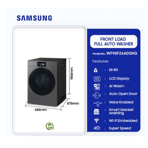 SAMSUNG 26KG WF90F26ADSNQ FRONT LOAD BESPOKE AI WASHING MACHINE F DARK GRAY