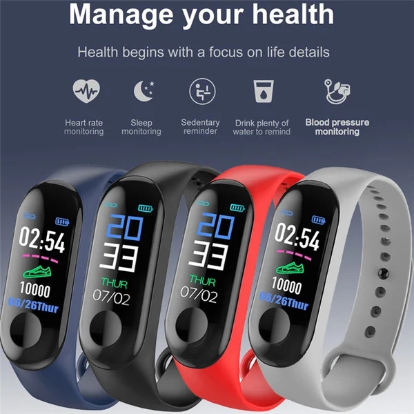 M3Plus Men's and Women's Smart Watch Sports Fitness Watch Color Screen Waterproof Blood Pressure Monitor Heart Rate Waterproof S