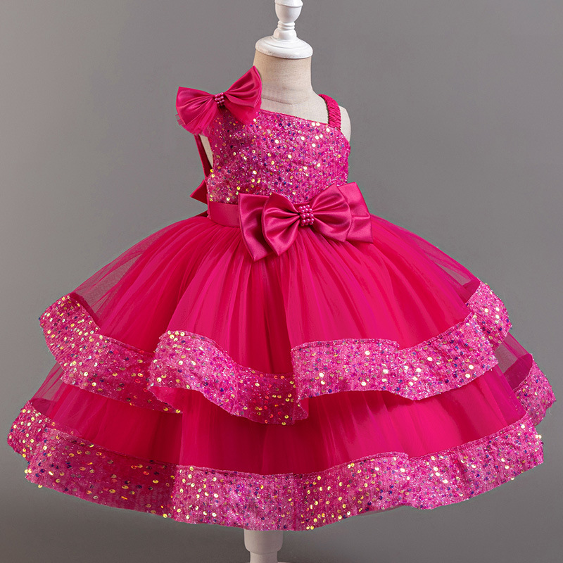 New children's sequined fluffy mesh cake princess dress, baby girl's first year banquet evening dress