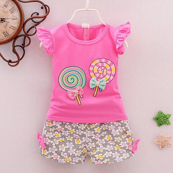 Ones girls summer flying sleeves lollipop t-shirt clothing set Korean baby kids cotton suit
