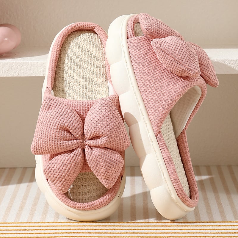 Comfortable Linen Slippers Soft and Lightweight Cotton Slippers Cute Bowknot Flat Slipper Couples Slides Home Shoes for Women