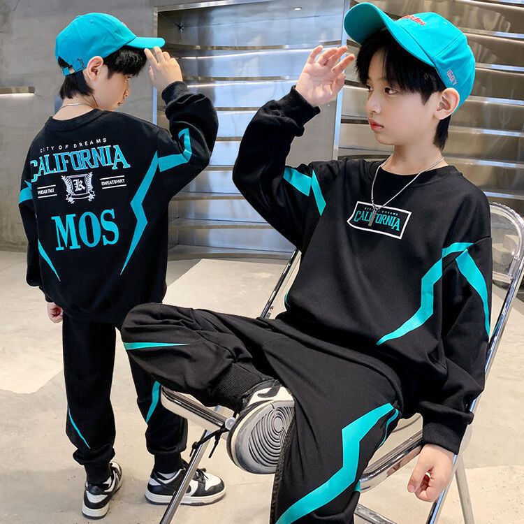 Boys Spring and Autumn Splicing Contrast Color Cotton Long Sleeve T-Shirt Sweater + Elastic Loose Comfortable Pants Casual Sport