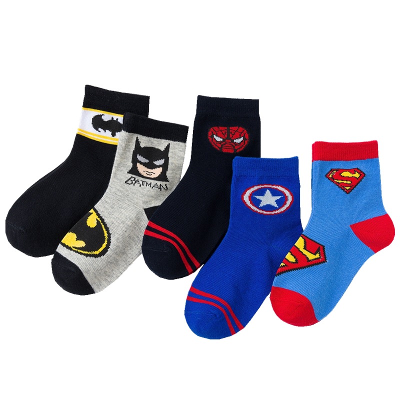 5 pairs of bat spider-man boy socks spring, autumn and summer children's socks boy big boy baby cotton socks thin cartoon