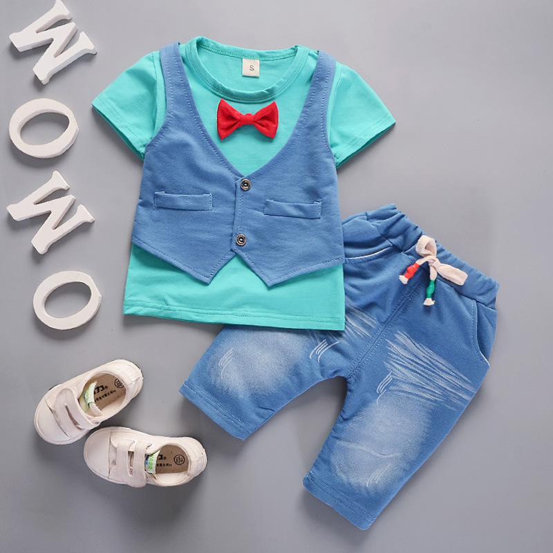 Ones boys summer new short sleeve mock waistcoat shorts clothing set baby kids cotton suit