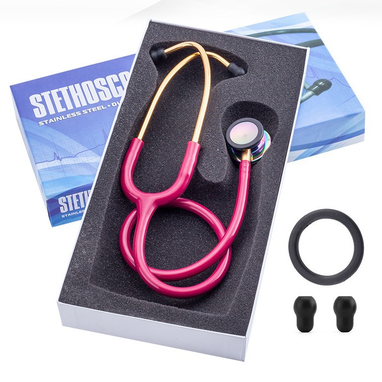 Auscultatory dual head double-sided stethoscope for measuring blood pressure with color box, gold-plated stainless steel