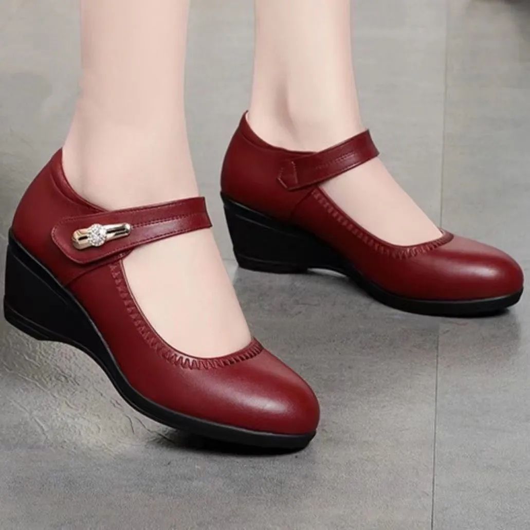 Spring Casual Wedges Women Black Soft Leather Shoes Fashion Comfort Round Head Work Office Pumps Luxury Anti-slip Shoes