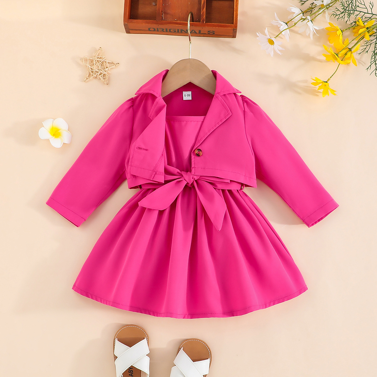 Fashion 2pcs Set Lapel Button Up Long Sleeve Short Coat + Belted Suspender Skirt Stylish Party Birthday Festival Outfit