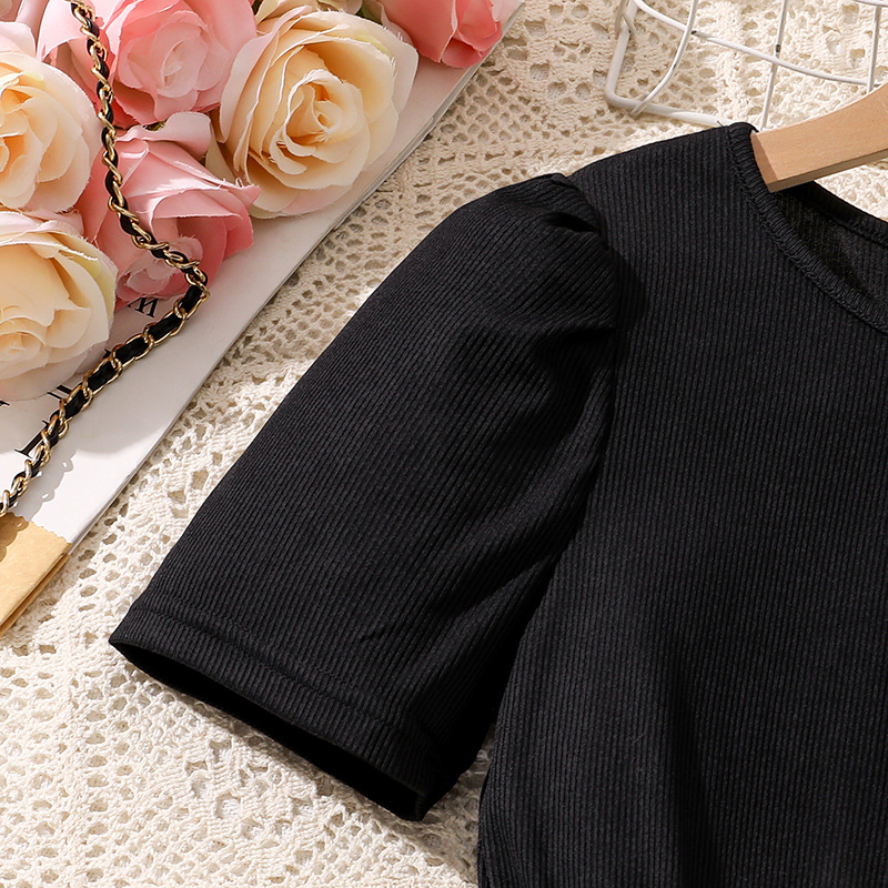 Korean Fashion Summer Children's Dress Black Short-Sleeved Floral Dress With Belt Comfortable Decent Dress For Party Or Vacation