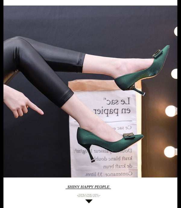 Green banquet shoes evening high heels women's spring new pointy satin stiletto heel with a heel height of 7cm