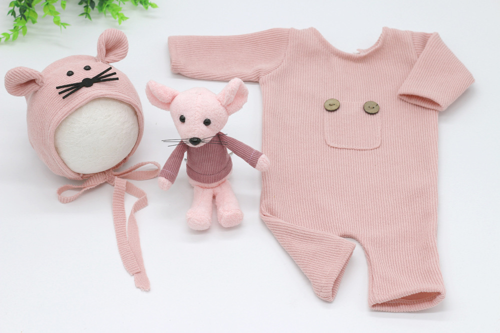 Newborn Photography Clothing Baby Soft Knitted One Piece+Hat+Doll Mouse Three Piece Set