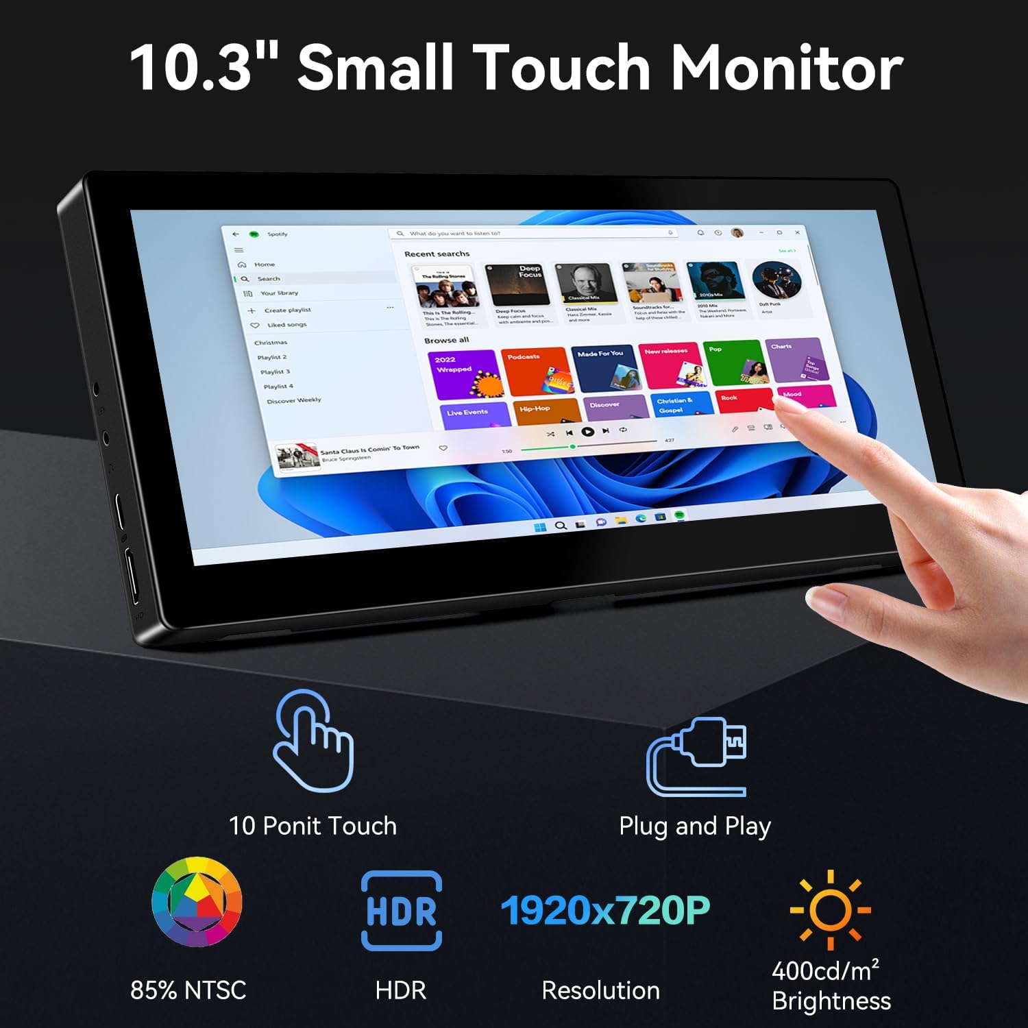 10.3 Inch Small Touchscreen Monitor, 400cd/m², IPS Stretched Bar LCD Mini Travel Touch Display 1920 * 720 HDMI USBC, Portable Touch Screen for Laptop