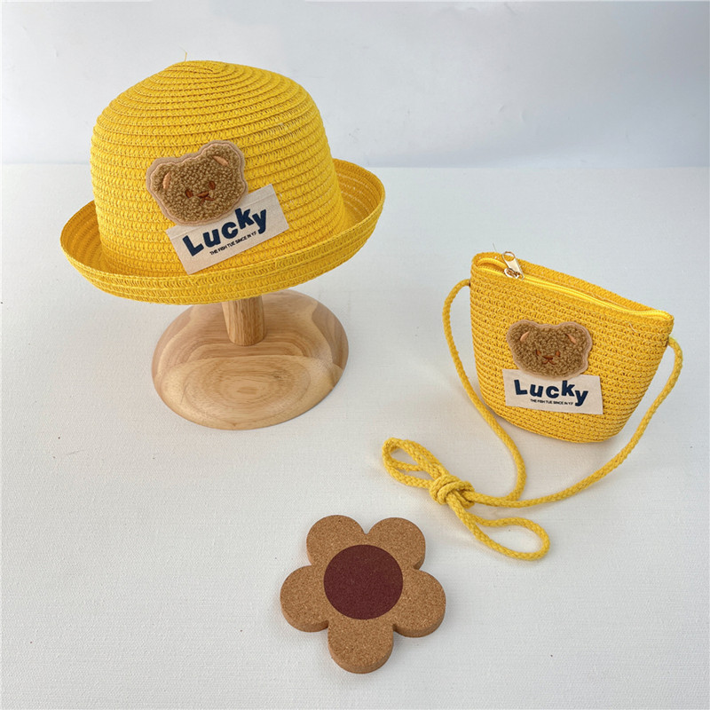 Spring and Summer Sunscreen Children's Straw Hat Boys and Girls Cartoon Little Bear Sunshade Hat Bag Set Princess Beach Hat
