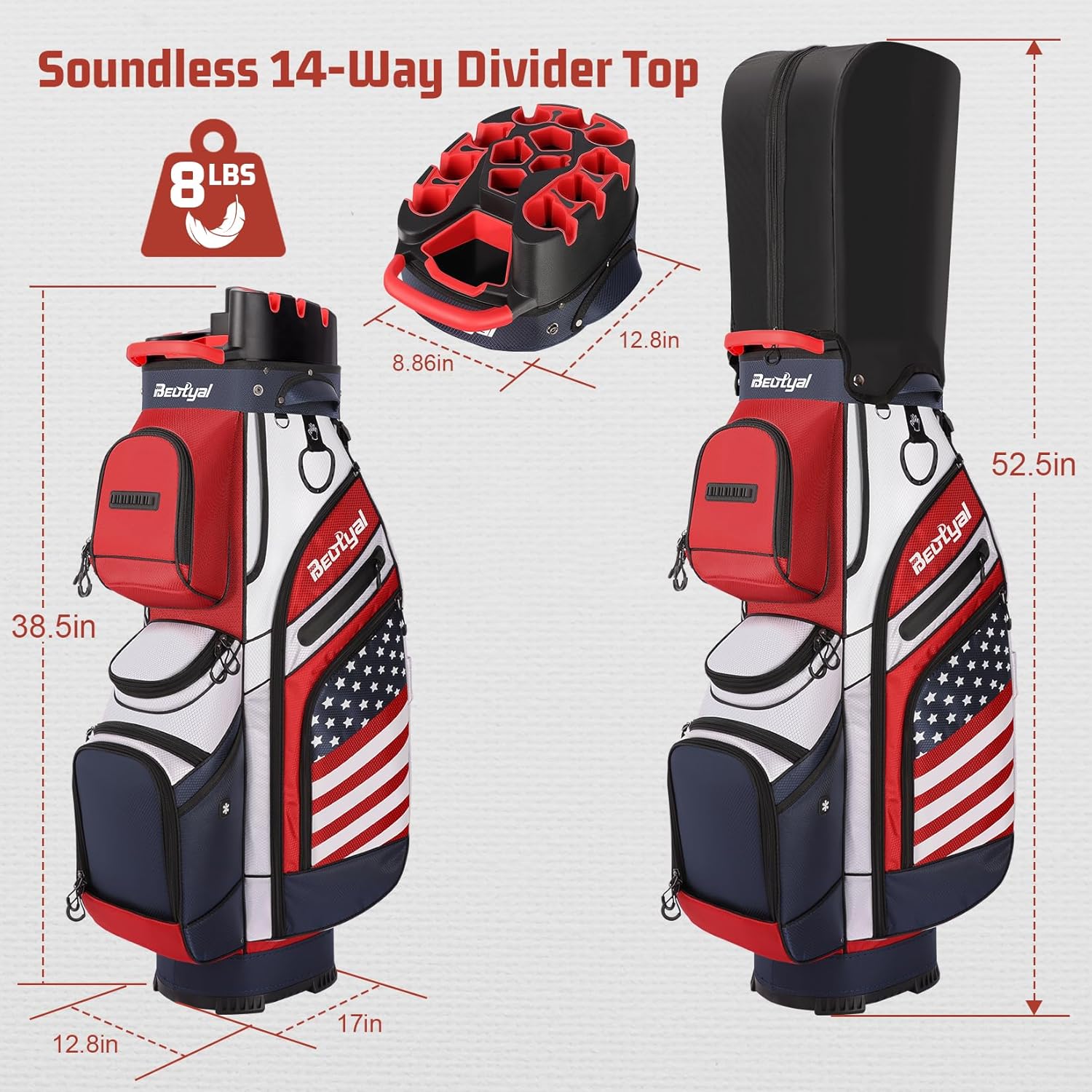 14 Way Golf Cart Bag with T Lock Top & Full Length Dividers, USA Flag Men's Golf Club Cart Bag Premium Cart Golf Bag with Cooler and Rain Cover