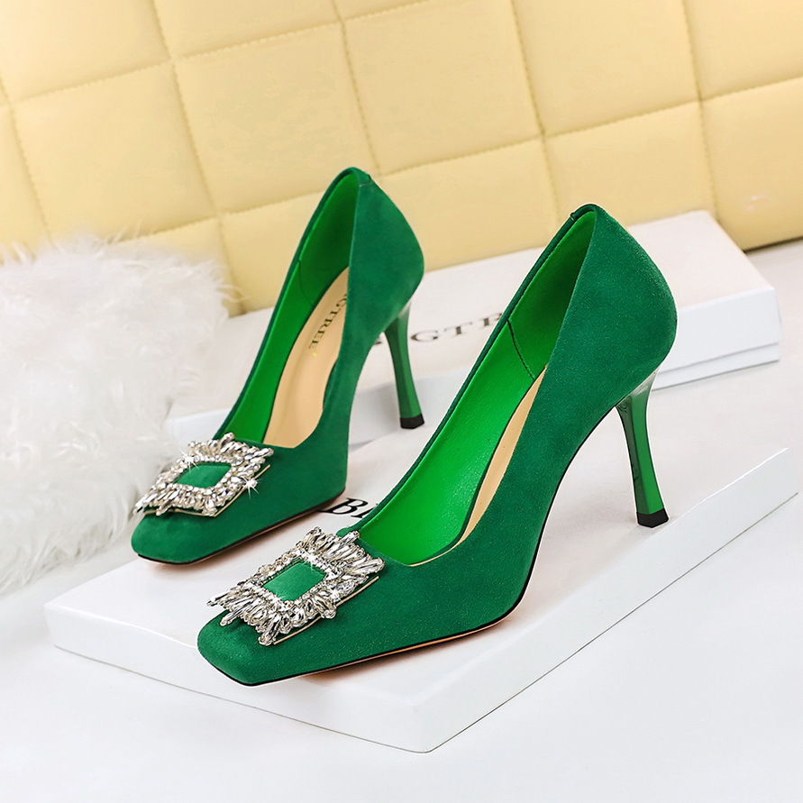 Women's high heels women's shoes ultra-high heels shallow cut square head plush metal rhinestone buckle single shoes
