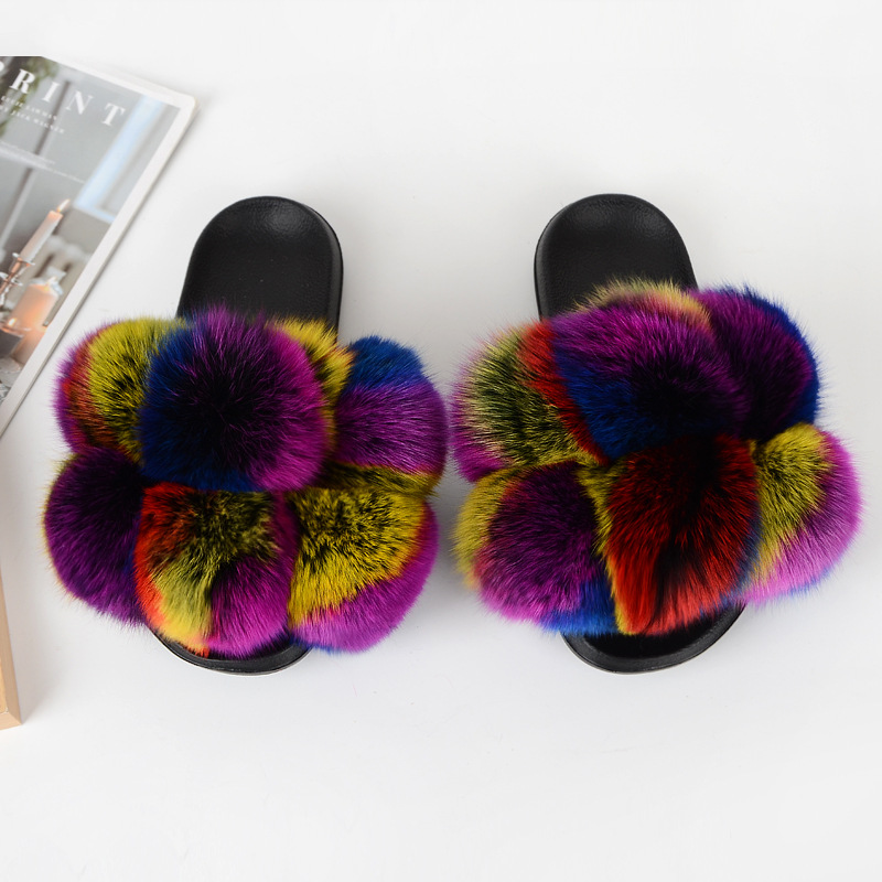 Fur Slippers Women Furry Slides Summer Fluffy Slippers House Shoes Woman Real Fur Slides Home Women's Fur Fox Slippers