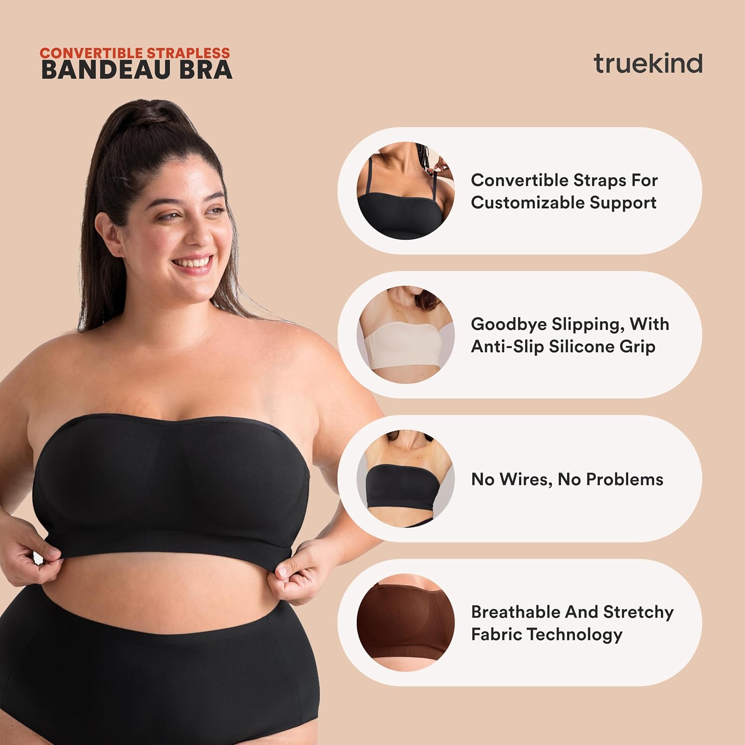 Truekind Wireless Strapless Bra, Bandeau Bra, Small to Plus Size Strapless Bras for Women, Tube Top