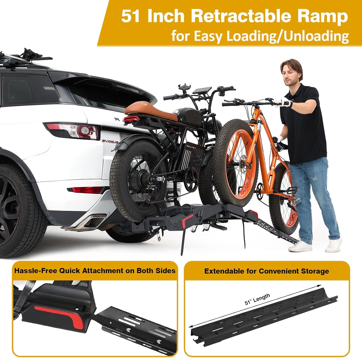 Ebike Rack with Ramp for 2 E-Bikes 200 lbs Capacity Fits 5" Fat Tire, Hitch Bike Rack for Cars SUVs Trucks with 2" Receiver, Foldable Tilting Locking