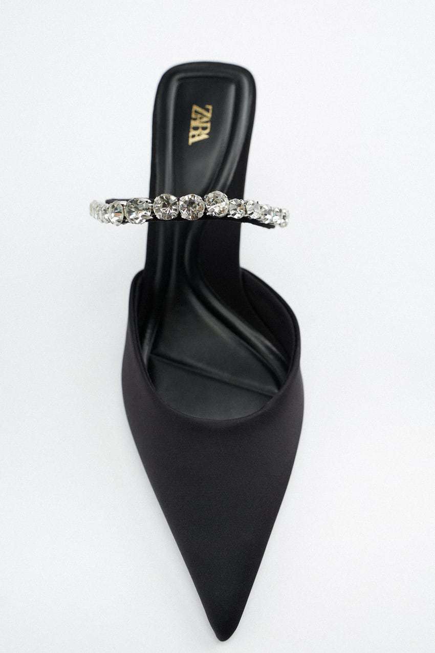 za Ladies High Heel Sandals Summer New Pointed Toe Stiletto Black Sexy Ladies Sandals Rhinestone Sequins Big Size Slippers