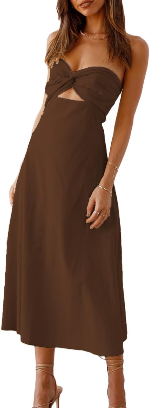 Sexy Twist Front Strapless Sweetheart Neckline Midi Dresses for Women Smocked Cutout Tube Linen Dress Wedding Guest