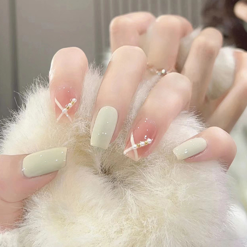 24Pcs/Set Full Cover False Nail Gradients Pink Press Reusable Acrylic Peach Color Fake Nails French Style Stick On Nail Art
