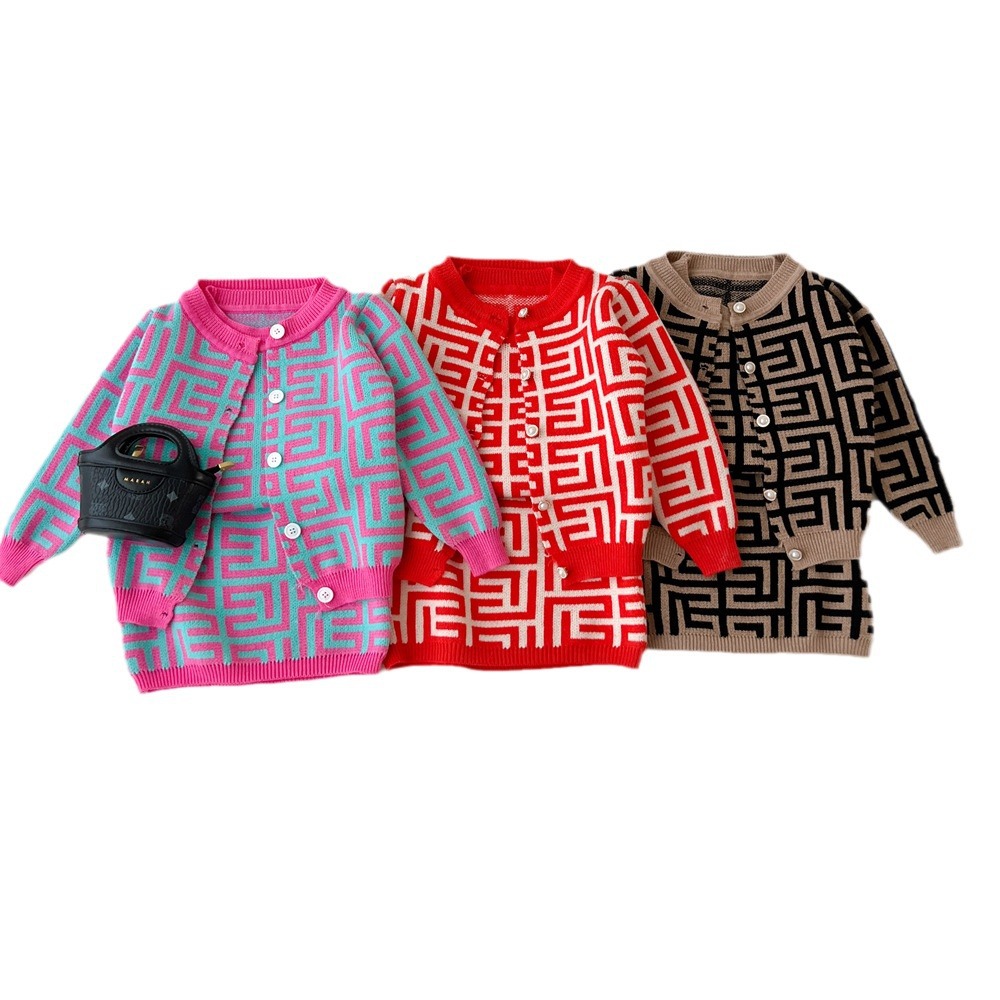 2024 New Retro Jacquard Color Block Long sleeved Knitted Shirt+Round Neck Vest+Knitted Skirt Three Piece Set