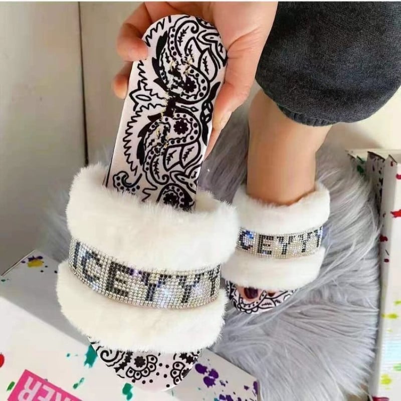 Summer New Cashew Flower Silk Satin Water Diamond Plush Slippers for Women's Foreign Trade Large Cros
