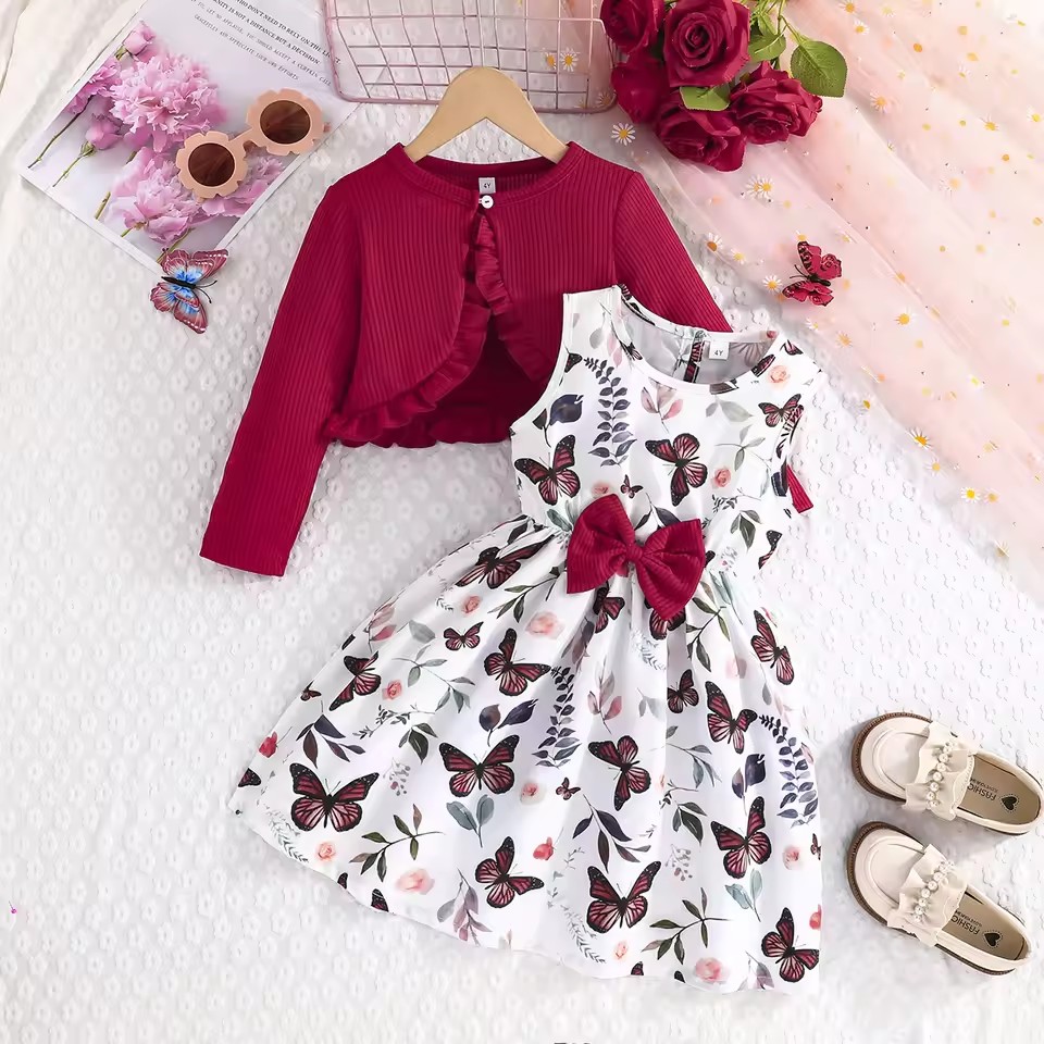 2025 Spring Summer Autumn Children Colorful Strap Skirt Solid Coat Fashionable Girls Baby New Dress Two Piece Set