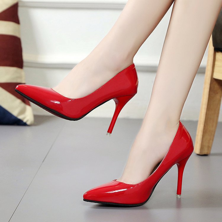 High heeled shoes shallow cut patent leather women's thin high heeled pointed nude single shoes