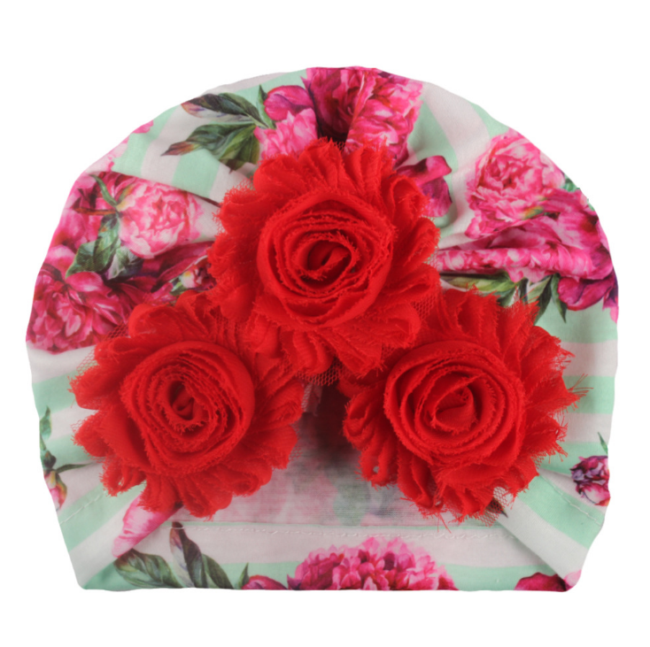 2022NEWLovely Three Pearl Flowers Newborn Hats Baby Girls Printed Polyester Cotton Bonnet Children Striped Caps Warm Headwear