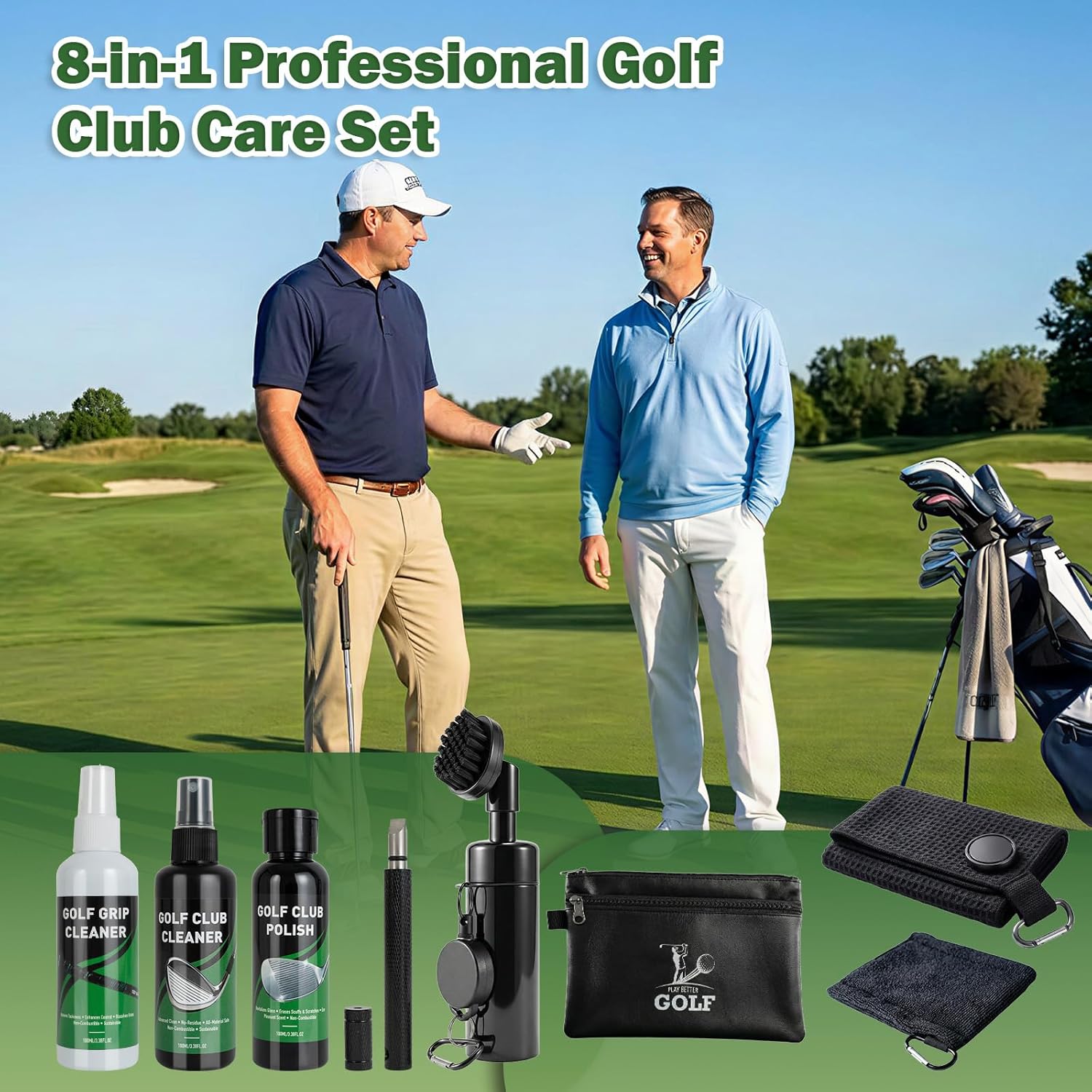 Golf Club Cleaning Kit, 8-in-1 Club Care Set with Cleaner, Brush, Groove Sharpener, Grip Cleaner, Polish, Magnetic Towel, Ball Towel & Portable Bag -