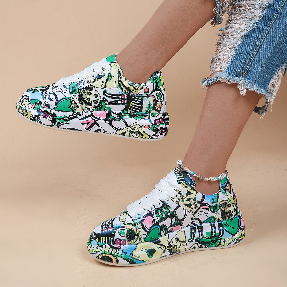 Women's Graffiti Print Sports Shoes Fashion LaceUp Low Top Platform Sneakers Casua Skate Shoes
