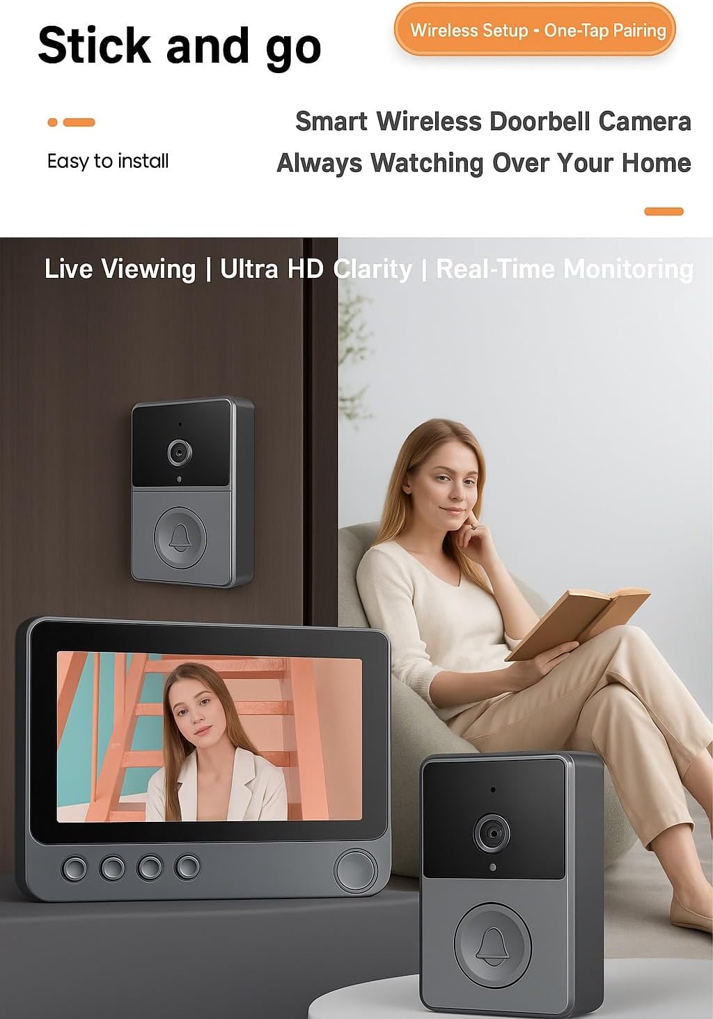 Wireless Ring Battery doorbell with 4.3 inches Screen - Easy Installation, no WiFi Needed, Ideal for Family Outdoor Security