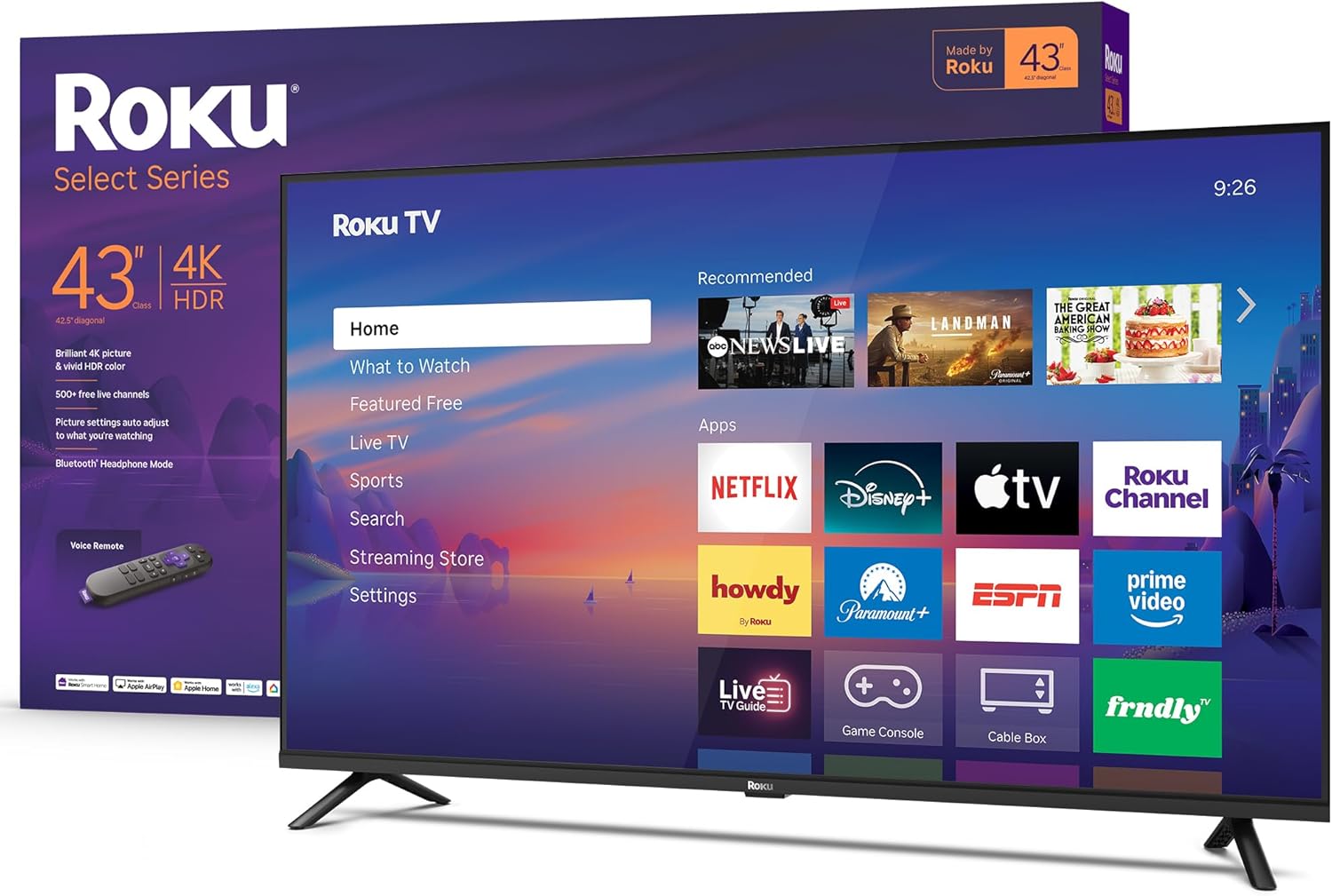 Roku Smart TV 2026 – 43-Inch Select Series, 4K HDR TV – Roku TV with Voice Remote – Flat Screen LED Television with Wi-Fi for Streaming Live Local New