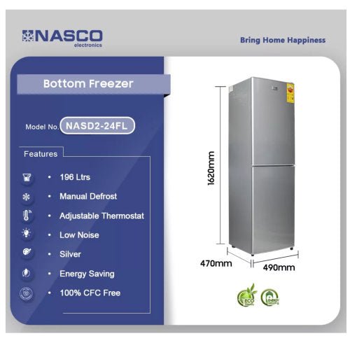 NASCO NASD2-24FL 196L BOTTOM FREEZER FRIDGE - LIGHT GRAY