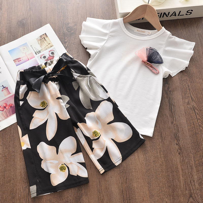 Girl Clothes Suits Simple Big Flower Flying Sleeve Solid Color Top T-shirt + Geometric Flower Print Pants Kid Sets