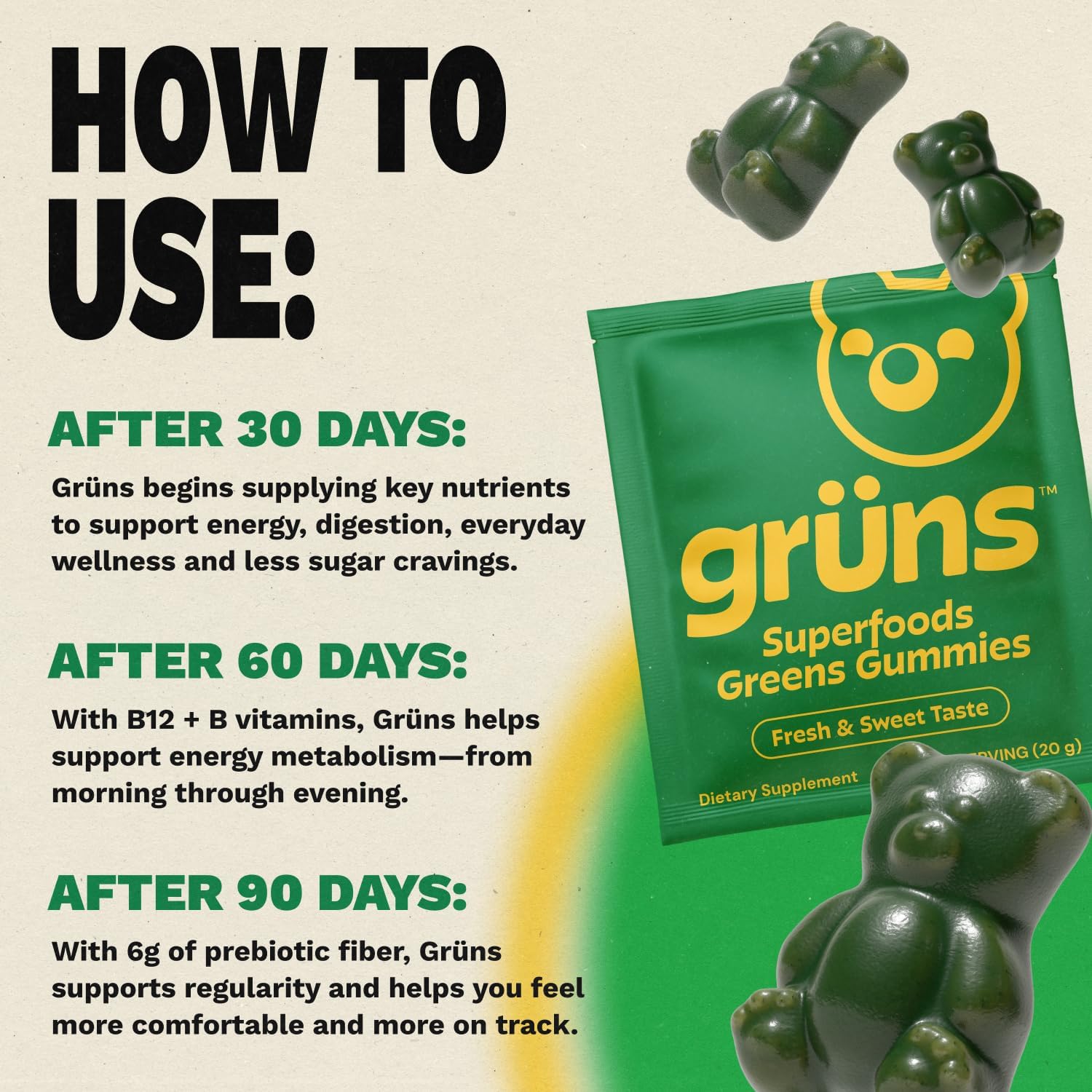 Gruns Adult Super Greens Multivitamin Gummies, Superfood Gummy Vitamins for Women and Men with Spirulina, Chlorella, Adaptogens & Prebiotic Fiber for