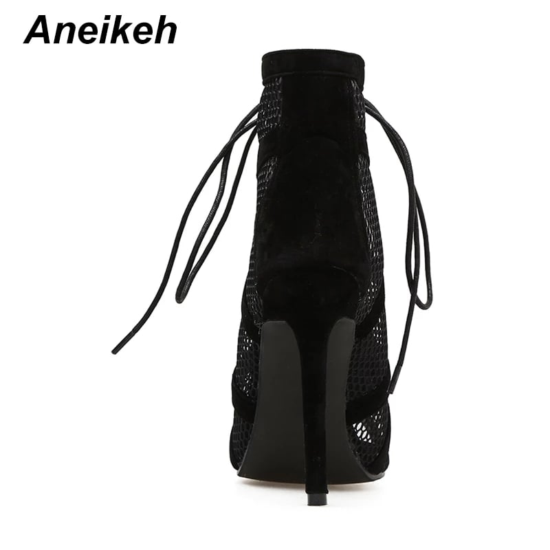Fashion Basic Sandals Boots Women High Heels Pumps Sexy Hollow Out Mesh Lace-Up Cross-tied Boots Party Shoes Party