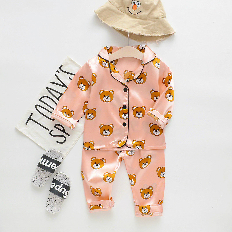 Children's pajamas suit boys and girls ice silk satin cartoon print home service single-breasted short-sleeved cover