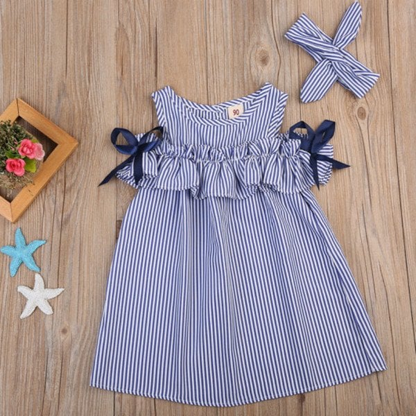 New Summer Dress Toddler Kids Baby Girls Lovely Birthday Clothes Blue Striped Off-shoulder Ruffles Party Gown Dresses
