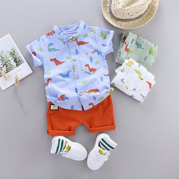 New Cartoon Dinosaur Print Short Sleeve Shirt Pants for Kid Baby Boys Clothes