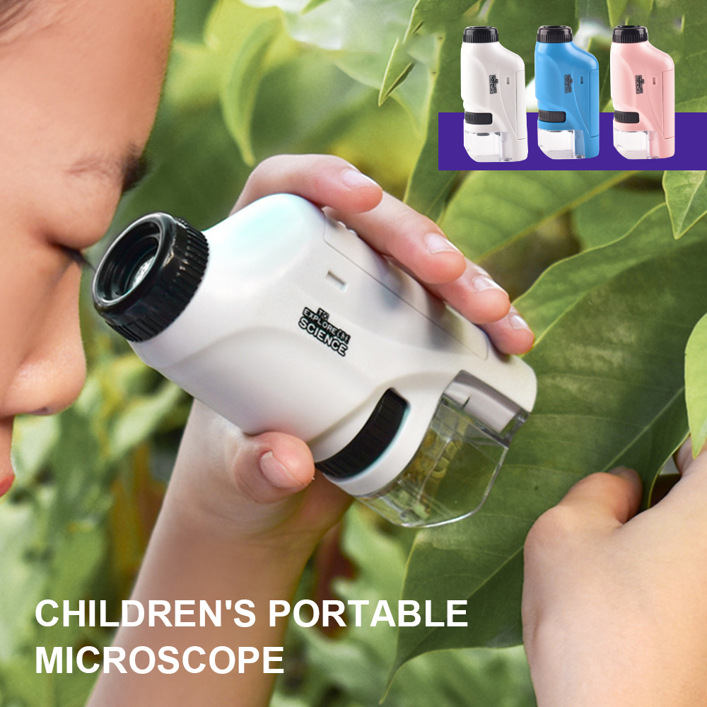 Kids Science Microscope Toy Kit 60-120x Educational Mini Pocket Handheld Microscope with LED Light Outdoor Children Stem Toy