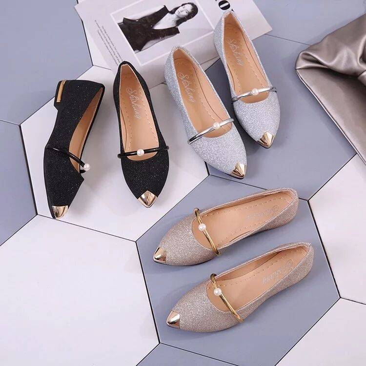 Spring Bling Women Flats Gold Pointed Toe Mary Janes Shoes Woman Slip on Flat Shoes Bead Ladies Shoes Comfortable Loafers 6807