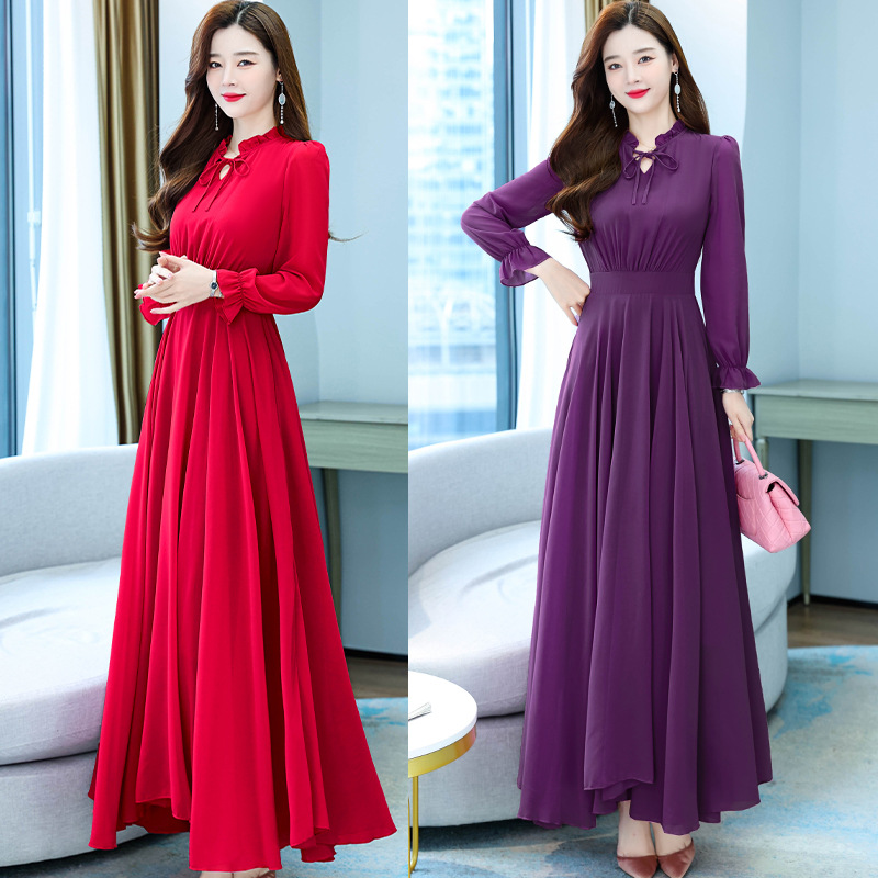 Women's Spring and Autumn Long Sleeve Dress Women's Style Chiffon Large Swing Long Dress Solid Color Skirt Fairy