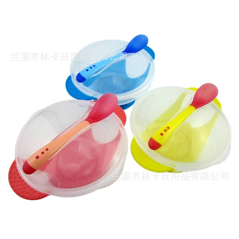 Baby sucker bowl spoon set Temperature spoon buckle cover children non-slip bowl baby training bowl grinding bowl three-piece
