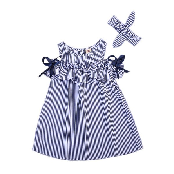 New Summer Dress Toddler Kids Baby Girls Lovely Birthday Clothes Blue Striped Off-shoulder Ruffles Party Gown Dresses