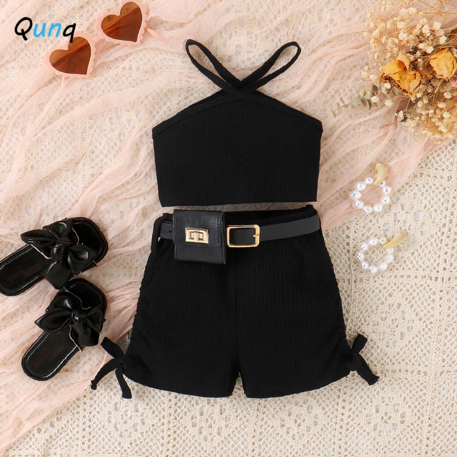 Qunq Summer New Baby Girls Solid Halter Sleeveless Top + Shorts And Fanny Pack 2 Pieces Set Casual Kids Clothes Age 3T-8T