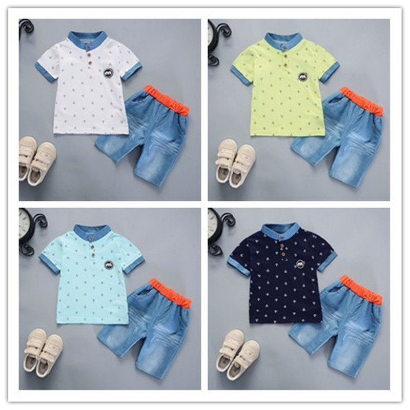 Ones boys summer short-sleeved anchor print polo shirts shorts clothing set kids baby cotton suit