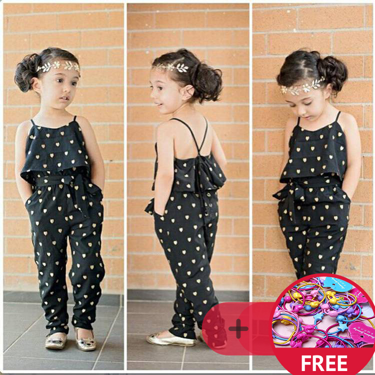 Buy 1 get 1 Hot-Selling Baby Kids Girls One-piece Sleeveless Heart Dots Bib Playsuit Jumpsuit T-shirt Pants Outfit